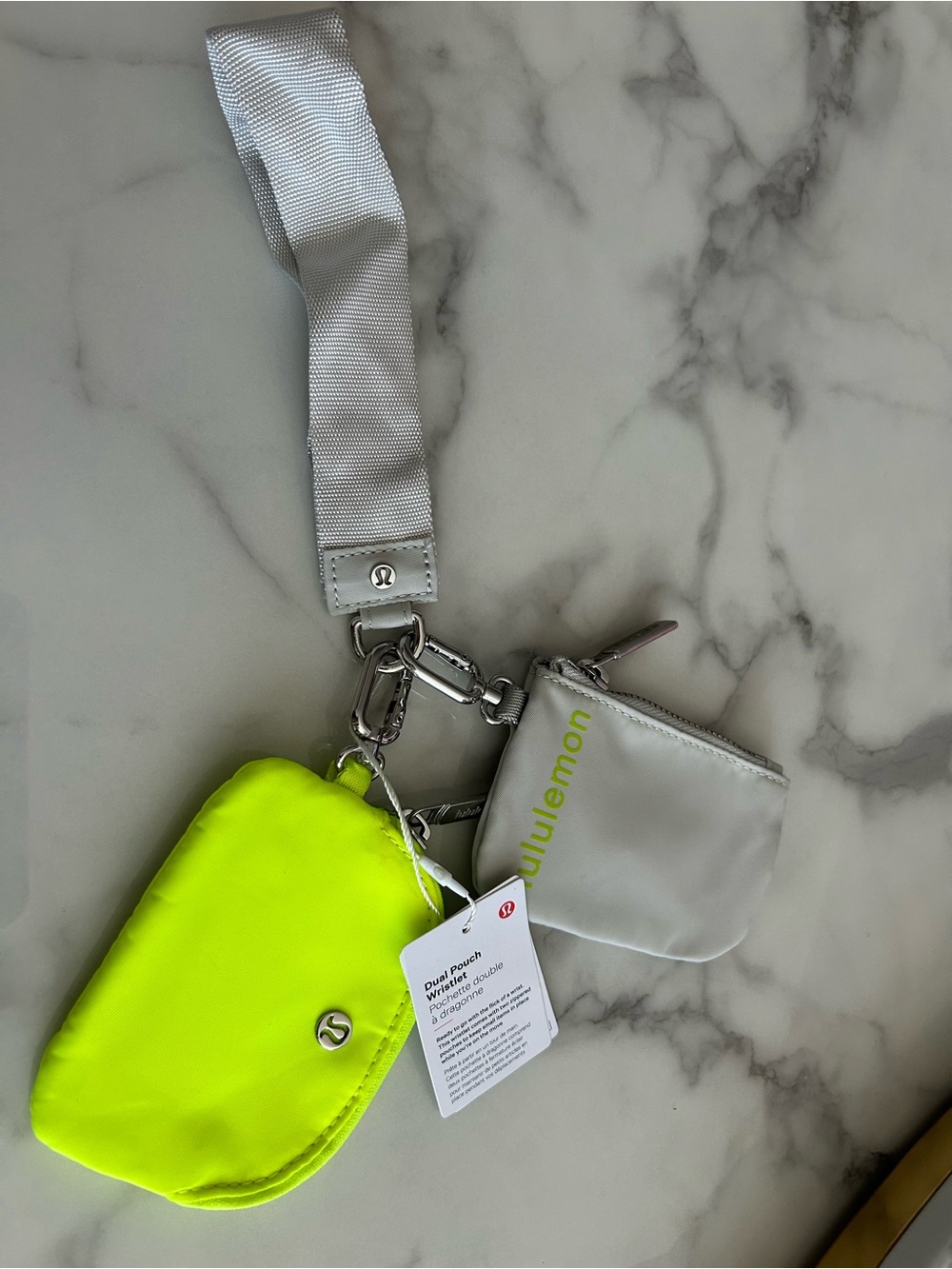 lululemon neon yellow and light gray dual pouch wristlet keychain